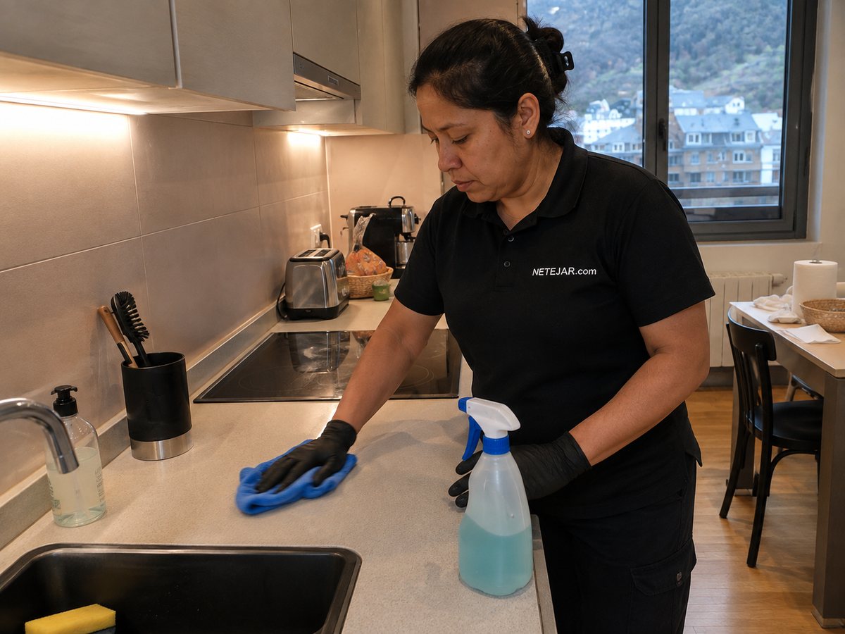 Trabajadora de NETEJAR.com cambiando la ropa de cama en un apartamento turístico de Andorra entre la salida y la entrada de huéspedes