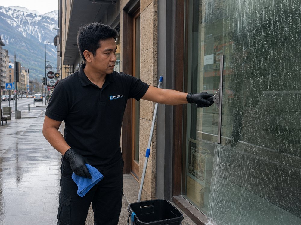 Trabajador de NETEJAR.COM limpiando el escaparate de un comercio en Andorra a primera hora
