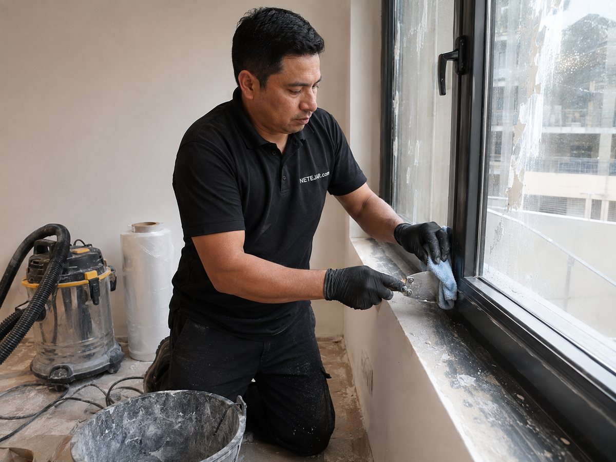 Trabajador de NETEJAR.com retirando restos de yeso y pegatinas de una ventana en un piso recién reformado en Andorra