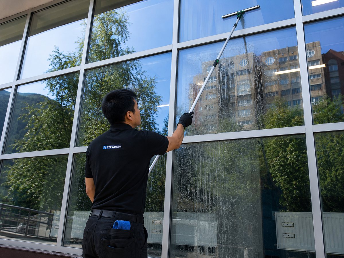 Trabajador de NETEJAR.COM limpiando con pértiga telescópica la cristalera de un edificio en Andorra