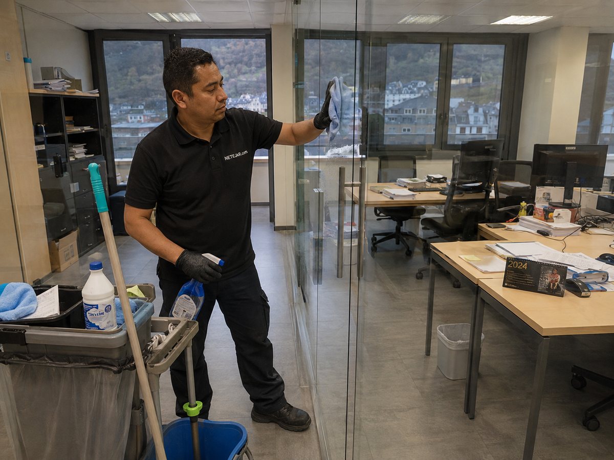 Trabajador limpiando los cristales interiores de una oficina en Andorra