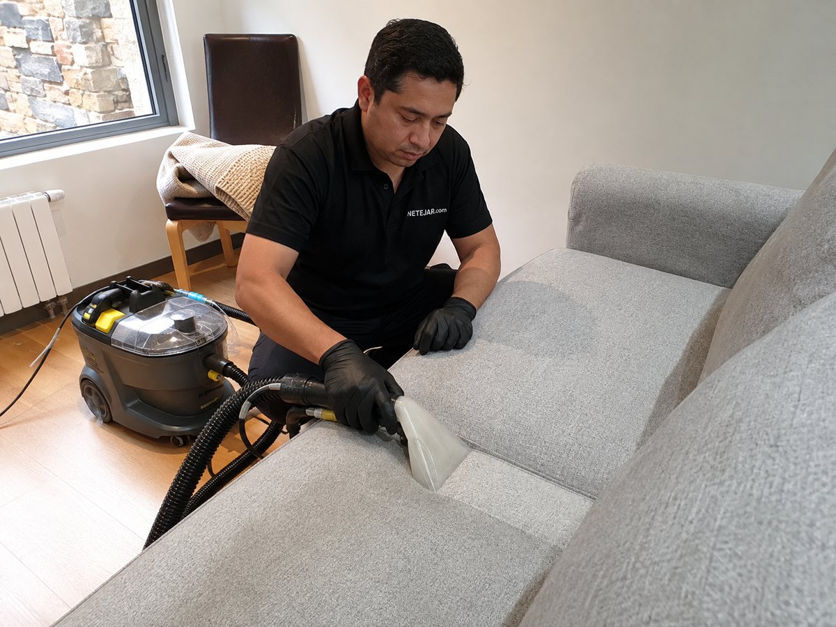 Trabajador de NETEJAR.com limpiando un sofá de tela con máquina de inyección-extracción en una vivienda de Andorra